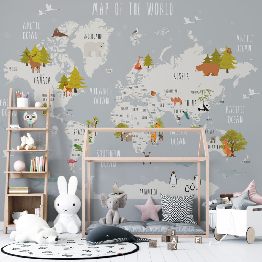 Woodland Kids World Map Wallpaper : Grey Trees and Animals Mural