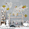 Woodland Kids World Map Wallpaper : Grey Trees and Animals Mural