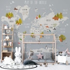 Woodland Kids World Map Wallpaper : Grey Trees and Animals Mural