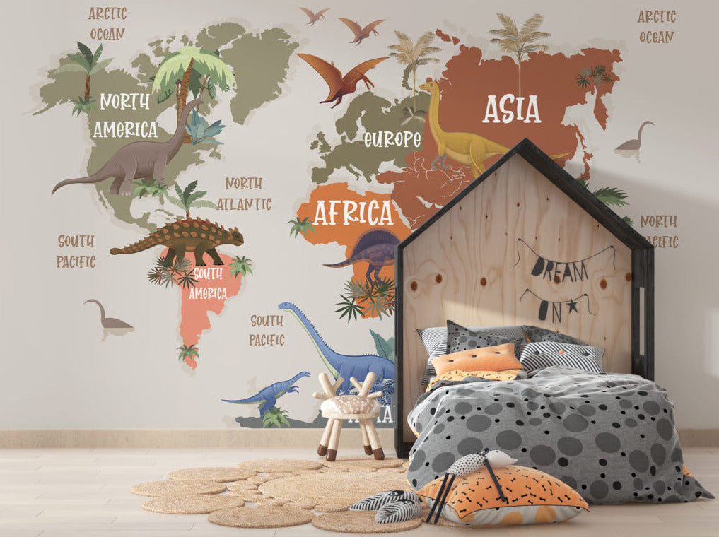Dinosaur World Map Wallpaper : Kids Continents Mural