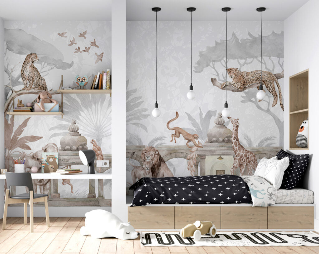 Lions in the Garden Wallpaper : Classical Arches Animal Mural - View 3