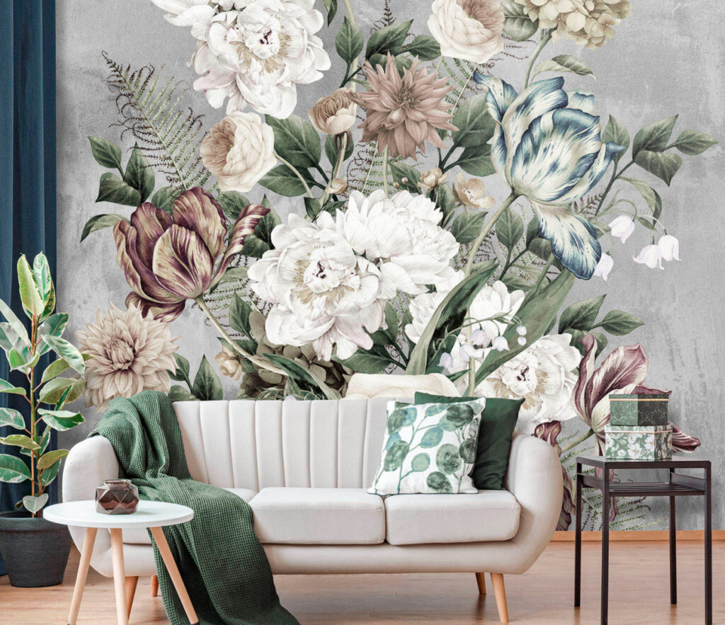 White Peony Bouquet Wallpaper : Grey Vintage Floral Mural