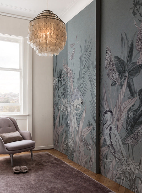 Misty Fern Garden Wallpaper : Sage Botanical Birds Mural