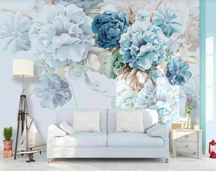 Blue Peony Bouquet Wallpaper : Oversized Floral Mural - View 3