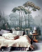 Misty Forest Wallpaper : Grey Green Tree Trunk Mural