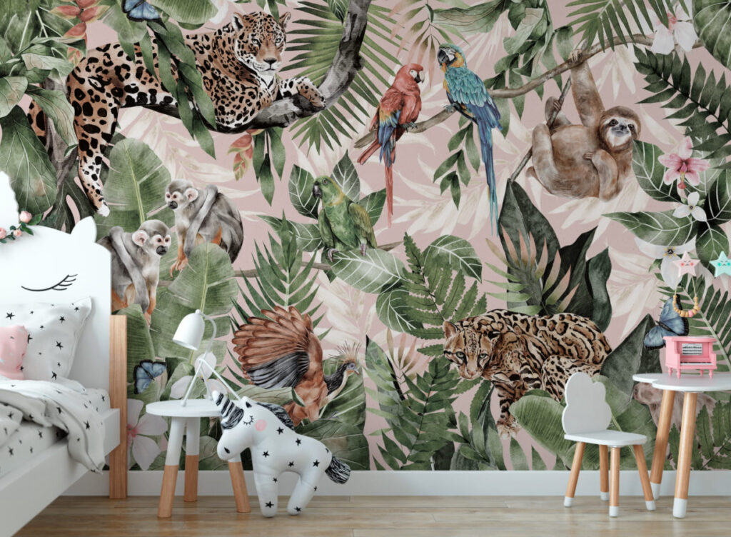 Parrot Jungle Wallpaper : Blush Tropical Safari Mural
