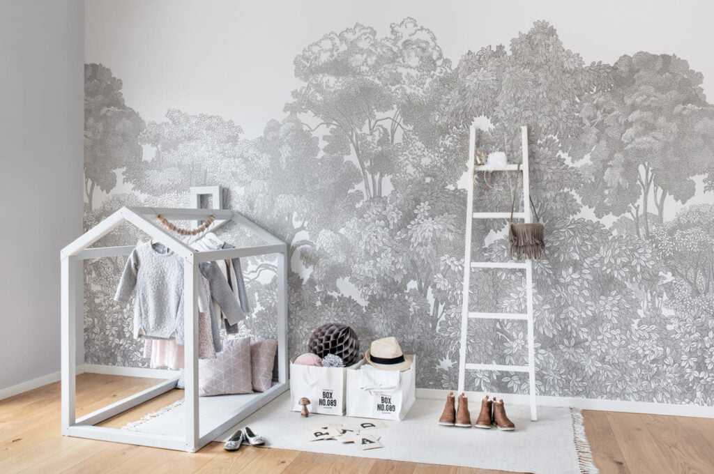 Black and White Treetop Wallpaper : Sketched Forest Canopy Mural