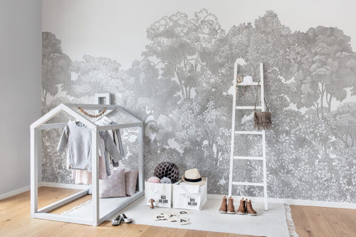 Black and White Treetop Wallpaper : Sketched Forest Canopy Mural