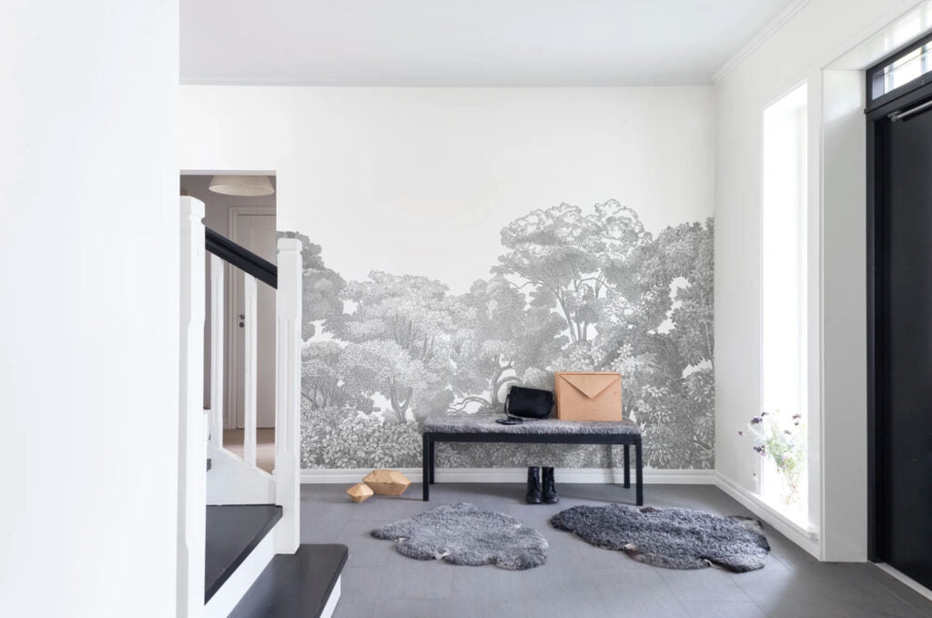Black and White Treetop Wallpaper : Sketched Forest Canopy Mural - View 2