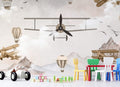 Vintage Airplane Kids Wallpaper : Propeller Plane and Mountains Mural