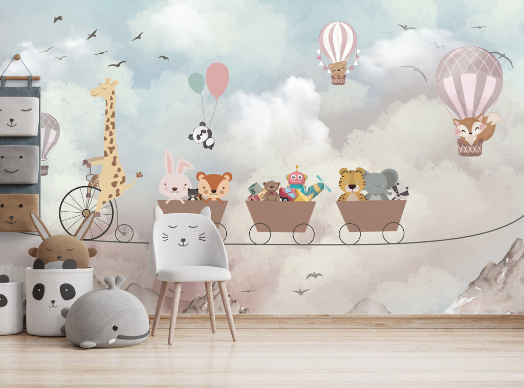 Animal Cable Car Wallpaper : Giraffe and Teddy Clouds Mural