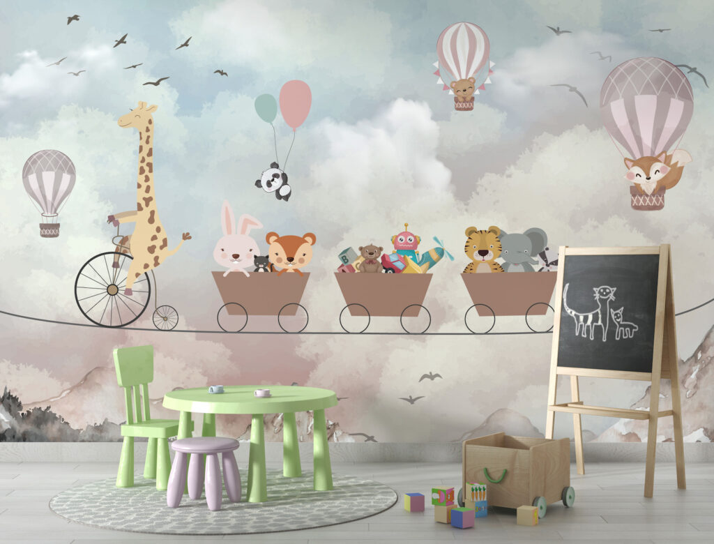 Animal Cable Car Wallpaper : Giraffe and Teddy Clouds Mural - View 3