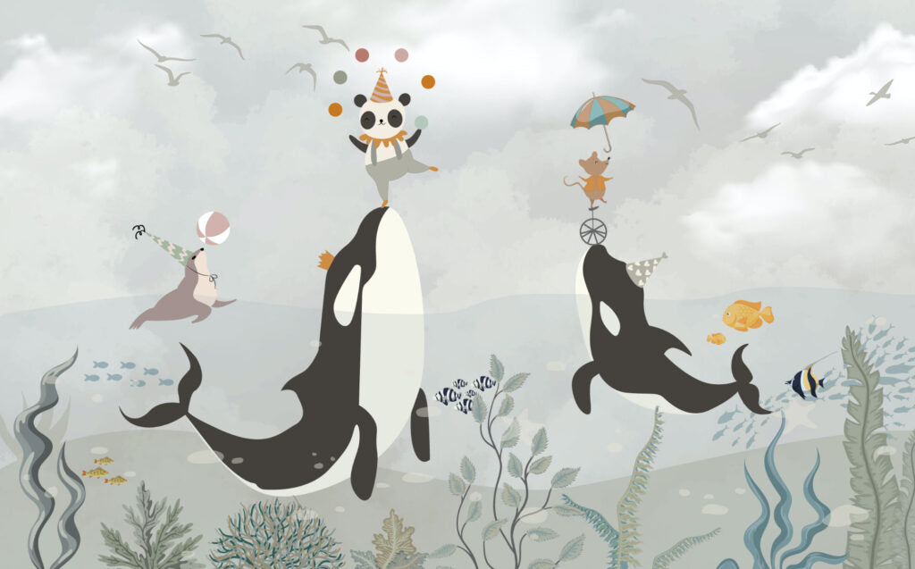 Whale Kids Wallpaper : Orcas and Balloons Mural - View 2