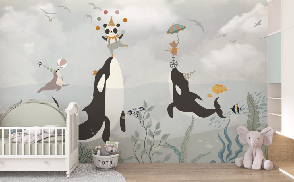 Whale Kids Wallpaper : Orcas and Balloons Mural - View 3