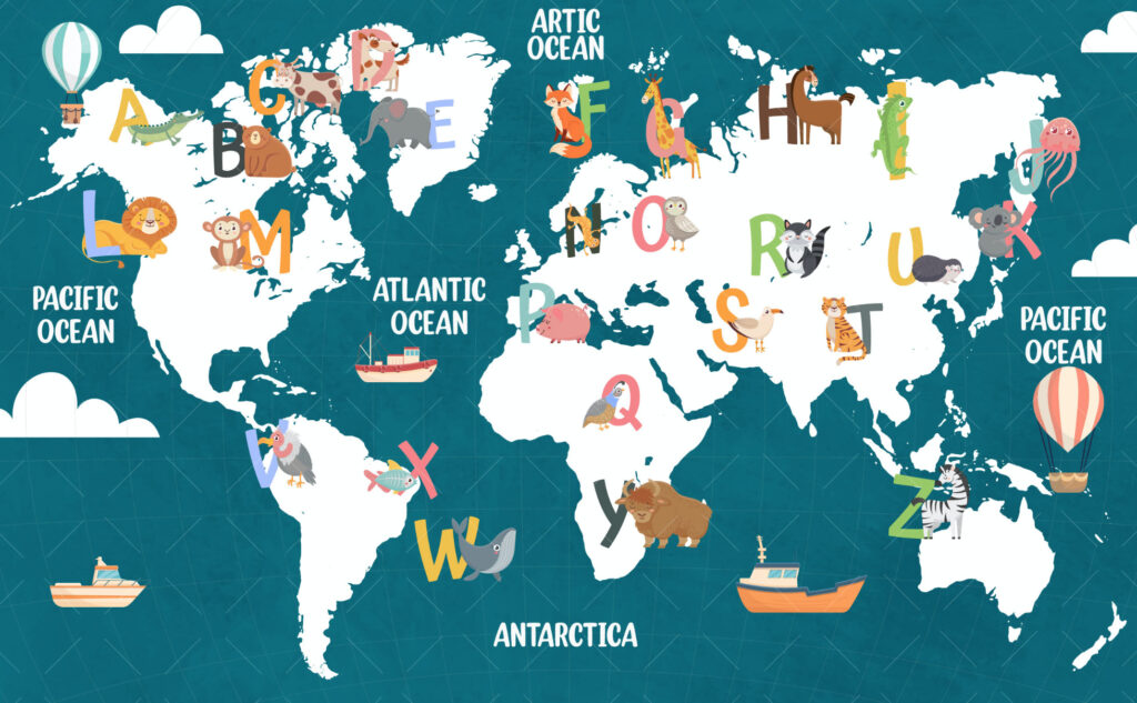 Teal Alphabet World Map Wallpaper : Kids ABC Animal Map Mural - View 2