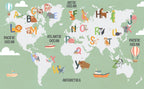 Green Alphabet World Map Wallpaper : Kids ABC Animal Map Mural Sage - View 2