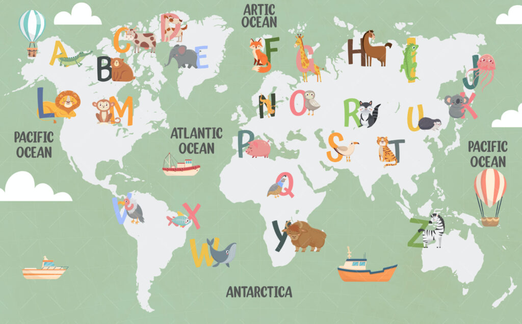 Green Alphabet World Map Wallpaper : Kids ABC Animal Map Mural Sage - View 2