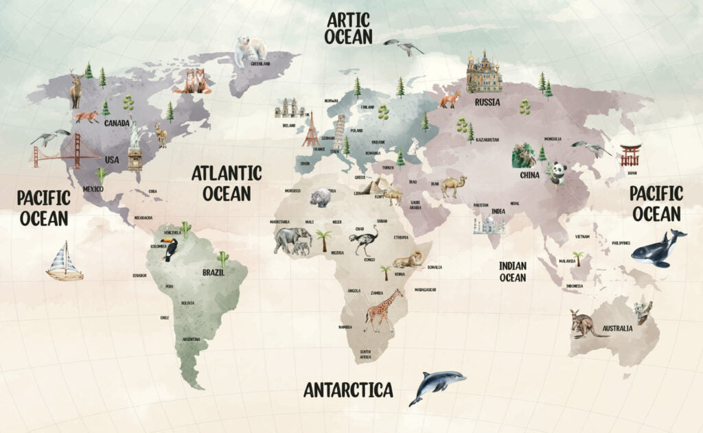 Soft Wildlife World Map Wallpaper : Pastel Animal Atlas Mural - View 2