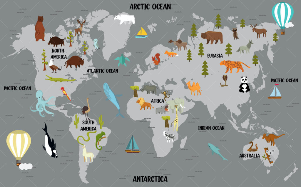 Grey Animal Map Wallpaper : Kids Cartoon Wildlife Map Mural - View 2