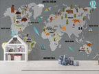 Grey Animal Map Wallpaper : Kids Cartoon Wildlife Map Mural