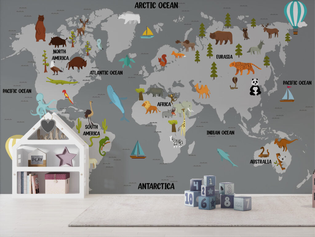Grey Animal Map Wallpaper : Kids Cartoon Wildlife Map Mural