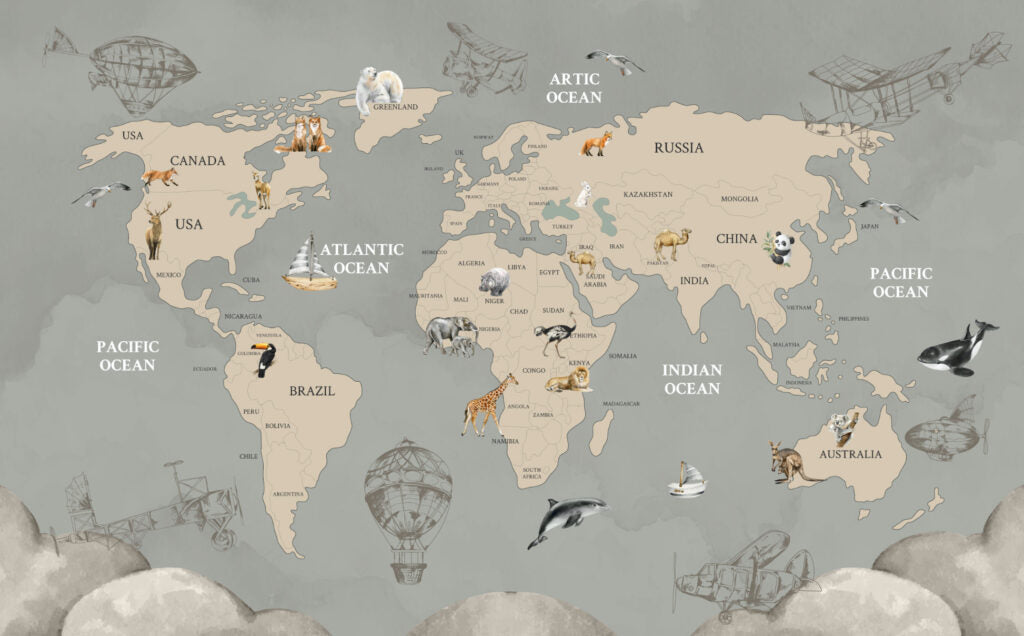 Vintage Animal World Map Wallpaper : Beige Wildlife Atlas Mural - View 2