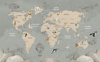 Vintage Animal World Map Wallpaper : Beige Wildlife Atlas Mural - View 2