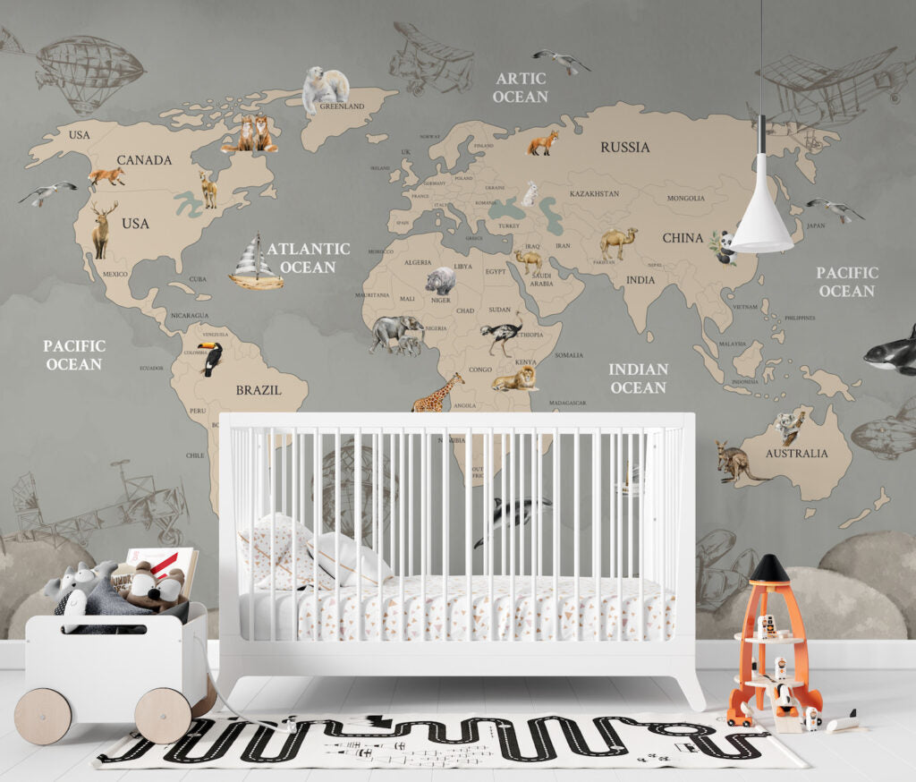 Vintage Animal World Map Wallpaper : Beige Wildlife Atlas Mural - View 3