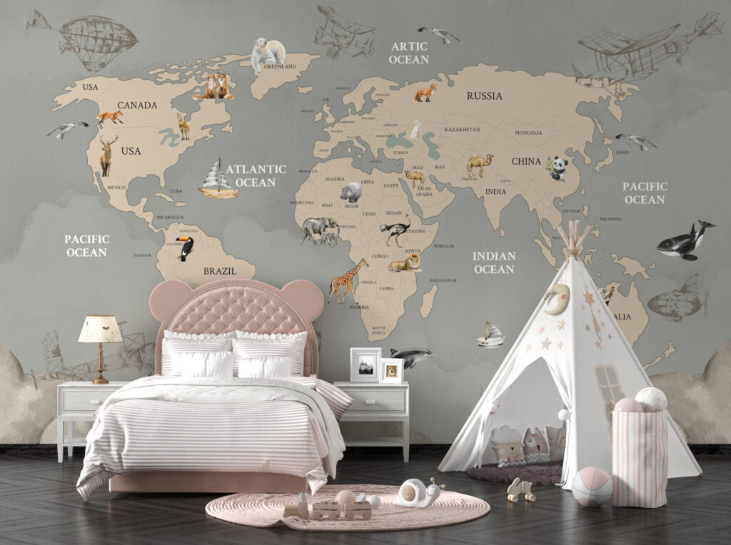 Vintage Animal World Map Wallpaper : Beige Wildlife Atlas Mural