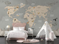 Vintage Animal World Map Wallpaper : Beige Wildlife Atlas Mural