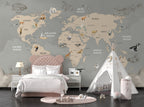 Vintage Animal World Map Wallpaper : Beige Wildlife Atlas Mural