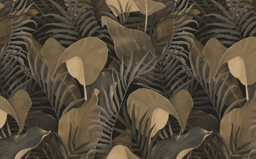 Dark Gold Leaf Wallpaper : Moody Tropical Foliage Mural - View 2