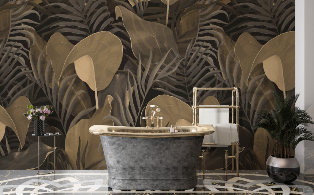 Dark Gold Leaf Wallpaper : Moody Tropical Foliage Mural