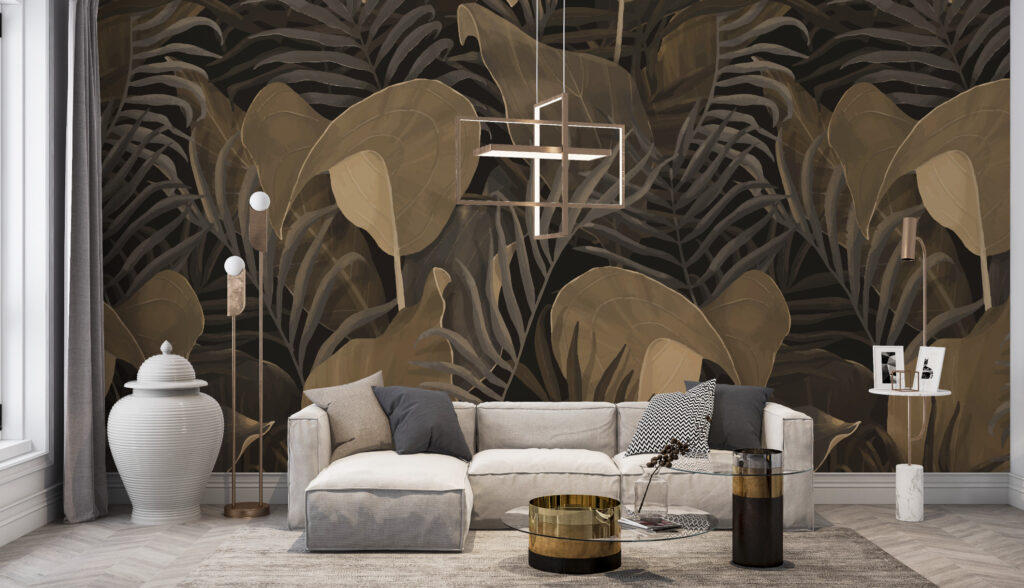 Dark Gold Leaf Wallpaper : Moody Tropical Foliage Mural - View 3