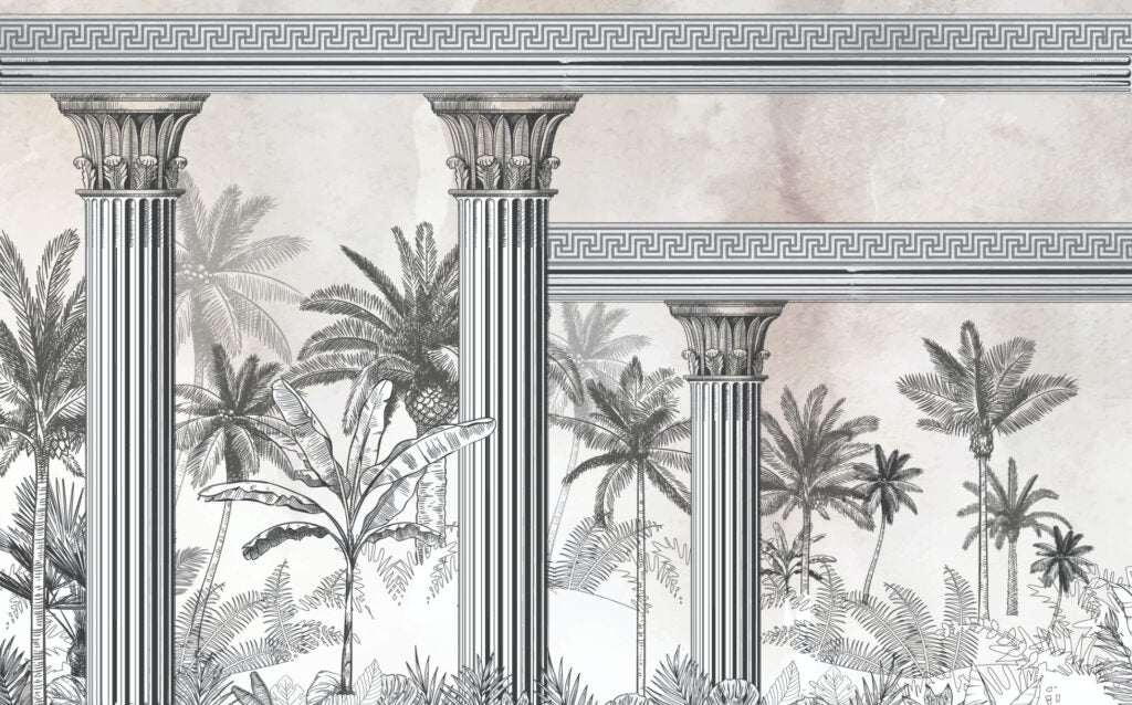 Classical Columns Palm Wallpaper : Monochrome Temple Tropical Mural - View 2