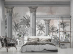 Classical Columns Palm Wallpaper : Monochrome Temple Tropical Mural