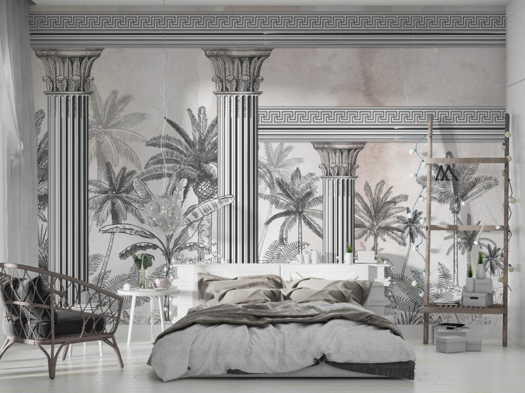 Classical Columns Palm Wallpaper : Monochrome Temple Tropical Mural