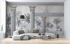 Classical Columns Palm Wallpaper : Monochrome Temple Tropical Mural - View 3