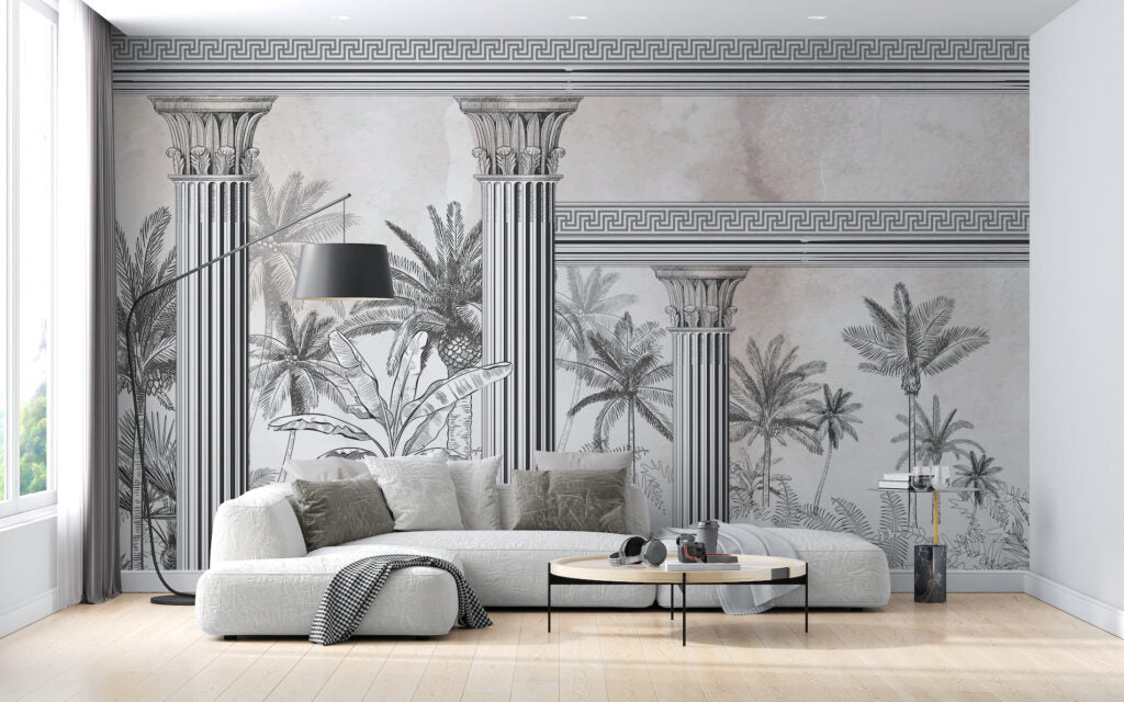 Classical Columns Palm Wallpaper : Monochrome Temple Tropical Mural - View 3