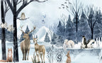 Winter Deer Forest Wallpaper : Blue Snowy Pine Mural - View 2