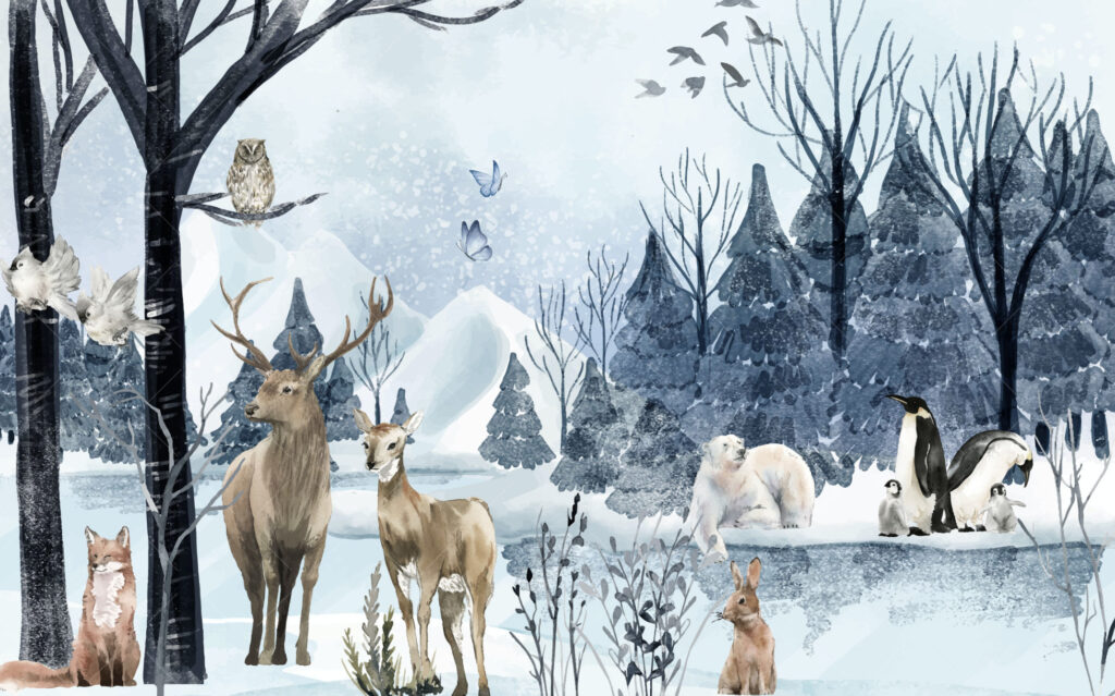 Winter Deer Forest Wallpaper : Blue Snowy Pine Mural - View 2