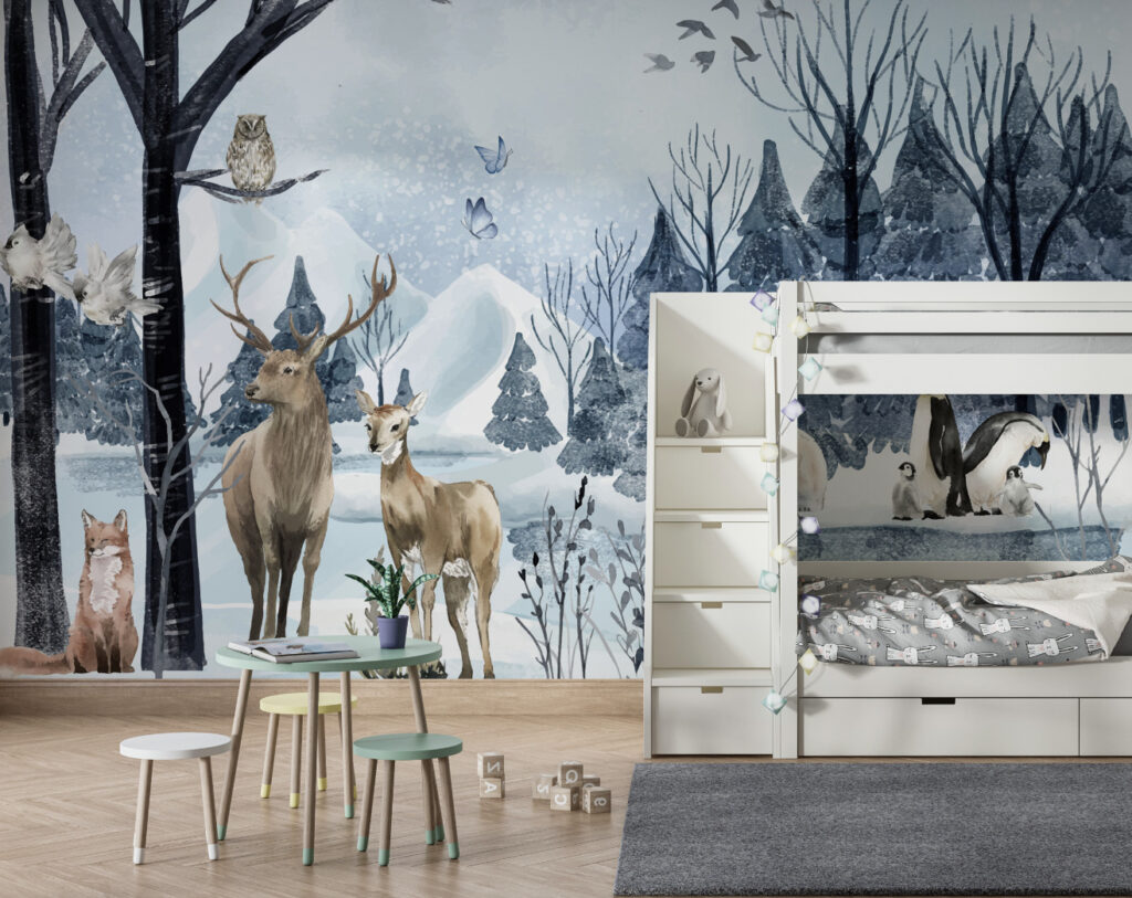 Winter Deer Forest Wallpaper : Blue Snowy Pine Mural - View 3