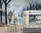 Winter Deer Forest Wallpaper : Blue Snowy Pine Mural - View 3