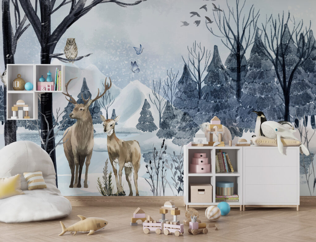 Winter Deer Forest Wallpaper : Blue Snowy Pine Mural