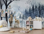 Winter Deer Forest Wallpaper : Blue Snowy Pine Mural
