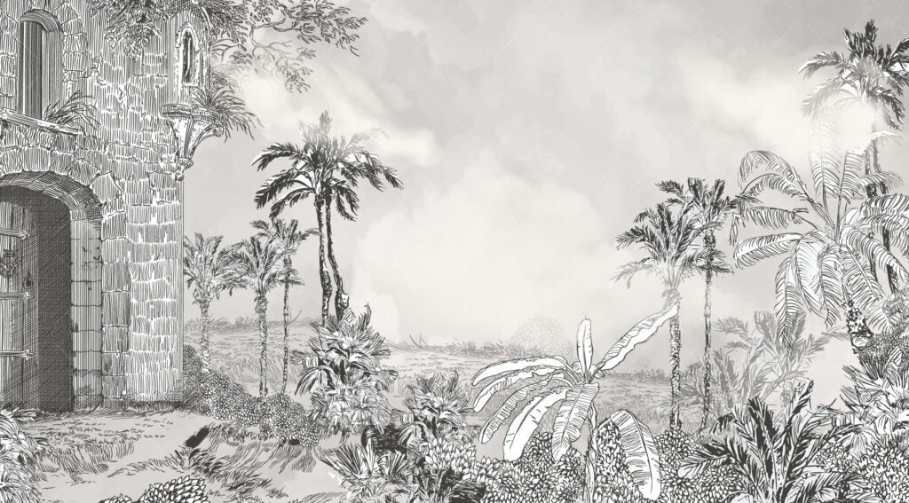 Grey Pencil Tropical Wallpaper : Misty Jungle Sketch Mural - View 2
