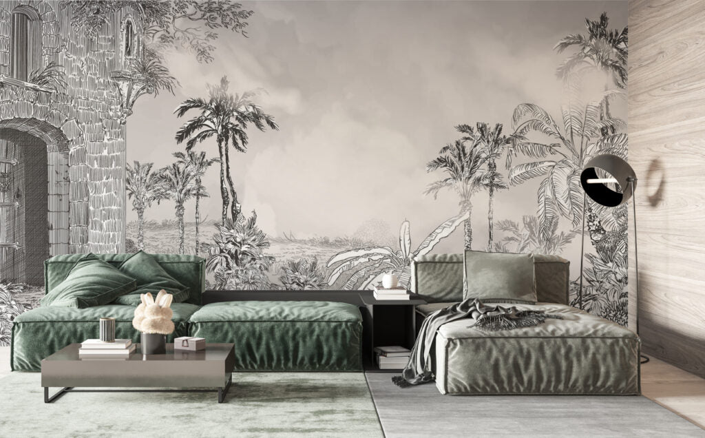 Grey Pencil Tropical Wallpaper : Misty Jungle Sketch Mural - View 3