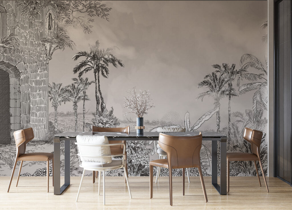 Grey Pencil Tropical Wallpaper : Misty Jungle Sketch Mural