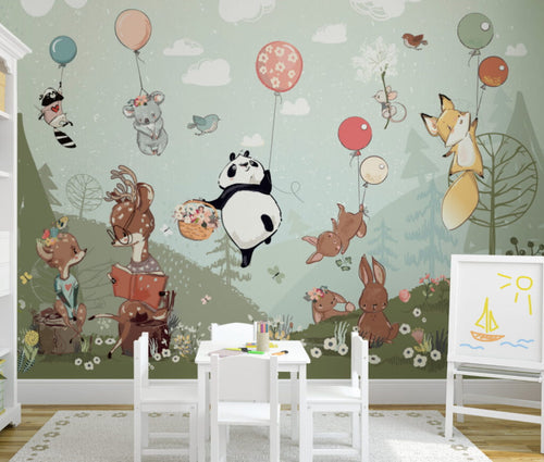 Balloon Pandas Wallpaper : Mint Kids Animal Mural