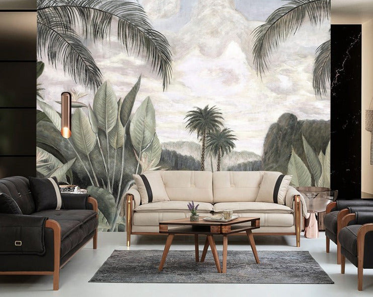 Tropical Lake Wallpaper : Grey Green Vintage Palm Mural - View 2
